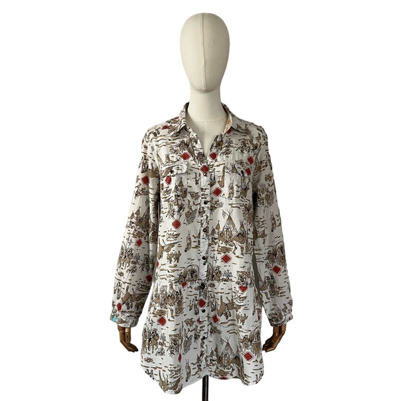 Tasha Polizzi Tops - Tasha Polizzi Western Print Rolled Sleeve Tunic With Pockets White Brown Size M
